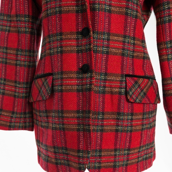 Vintage wool tartan plaid blazer with black velvet trim & buttons M - Picture 11 of 16